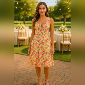 Talbots Petites 12P Floral Fit & Flare Dress 100% Cotton Lined Garden Party